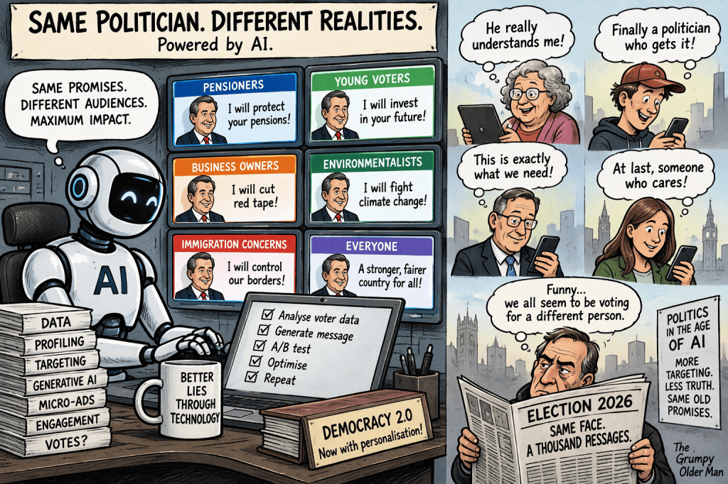 A cartoon illustration depicting a robot labeled 'AI' analyzing different political messages tailored for various voter groups, including pensioners, young voters, business owners, environmentalists, and immigration concerns.